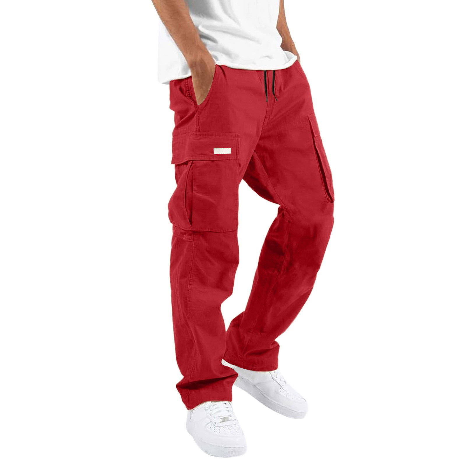 thumbnail image 3 of Pantalones cargo de ocio urbano para hombre - Diseño de cinta de patchwork - Tejido, cuatro bolsillos - Cintura elástica, ajuste estándar - Ocasiones informales/playa/deporte, 3 of 6